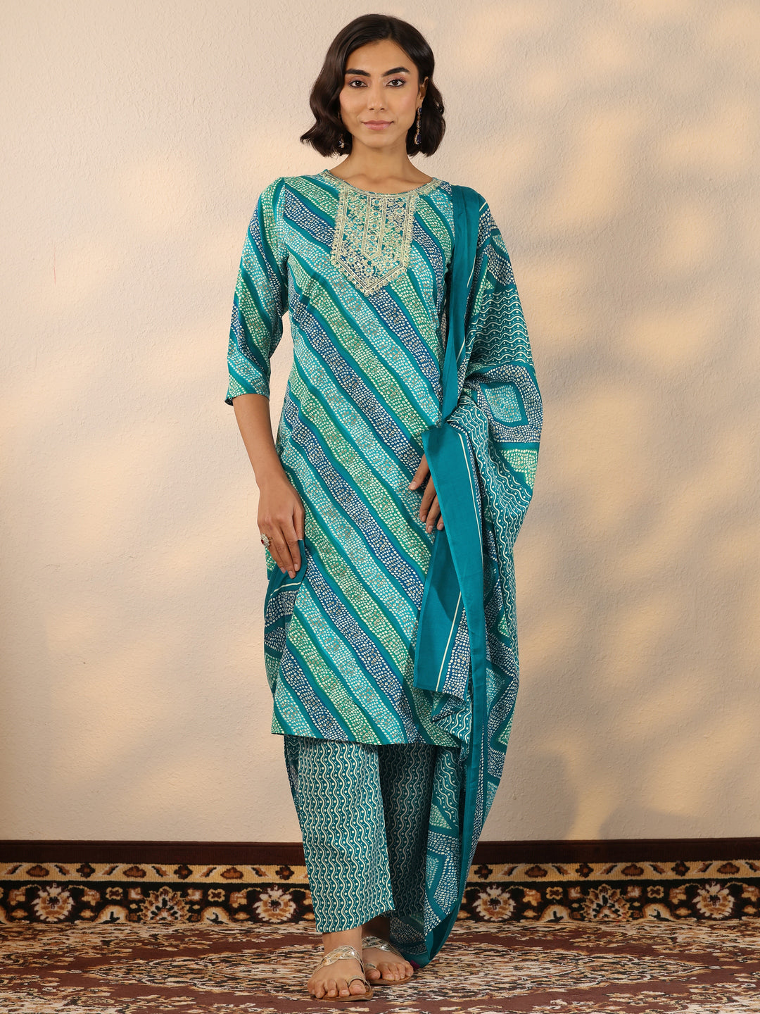 Blue Printed Cotton Blend Straight Suit Set With Dupatta