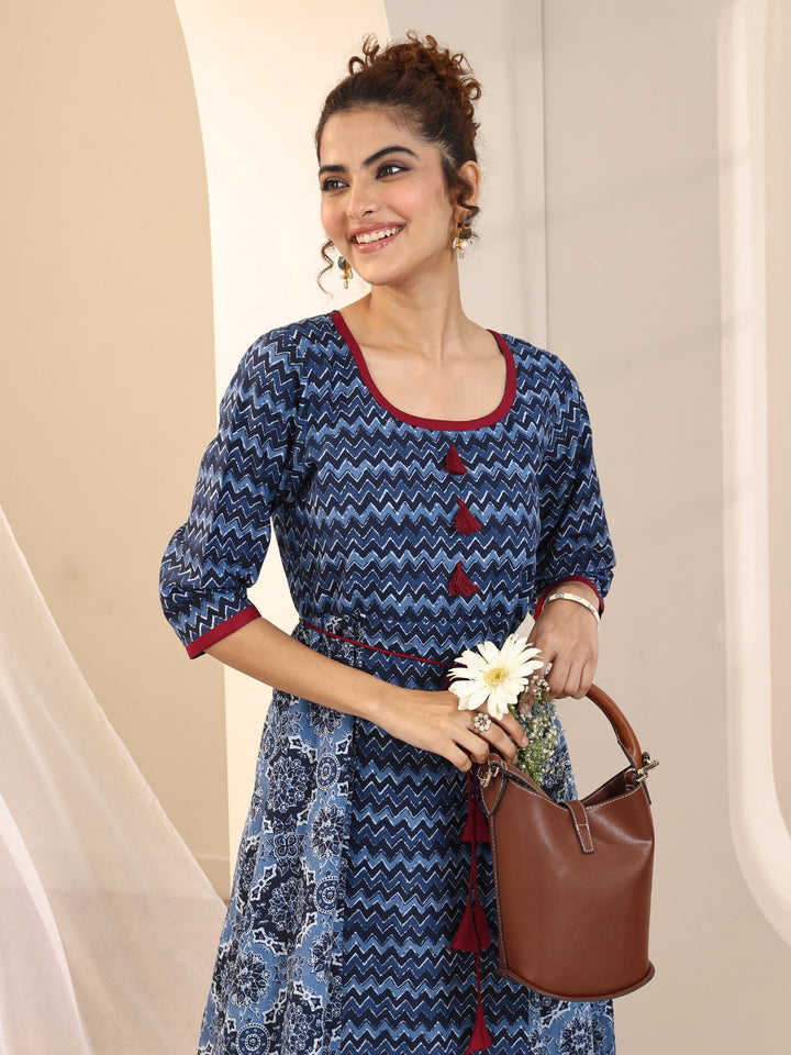 Blue Printed Cotton Fit and Flare One Piece Dress