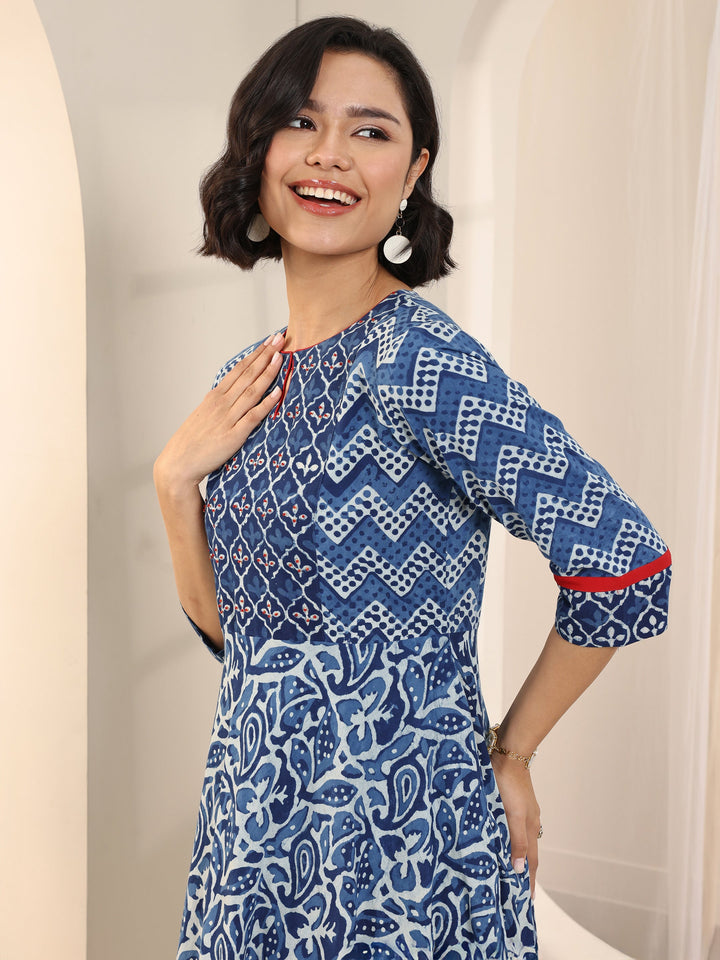 Blue Printed Cotton Fit and Flare One Piece Dress