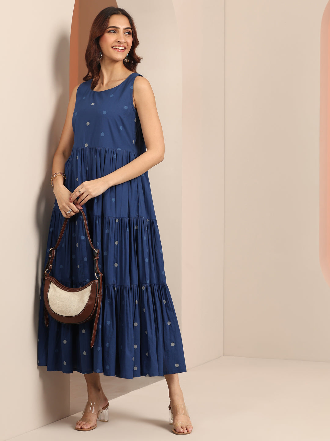 Blue Printed Cotton Fit And Flare One Piece Dress