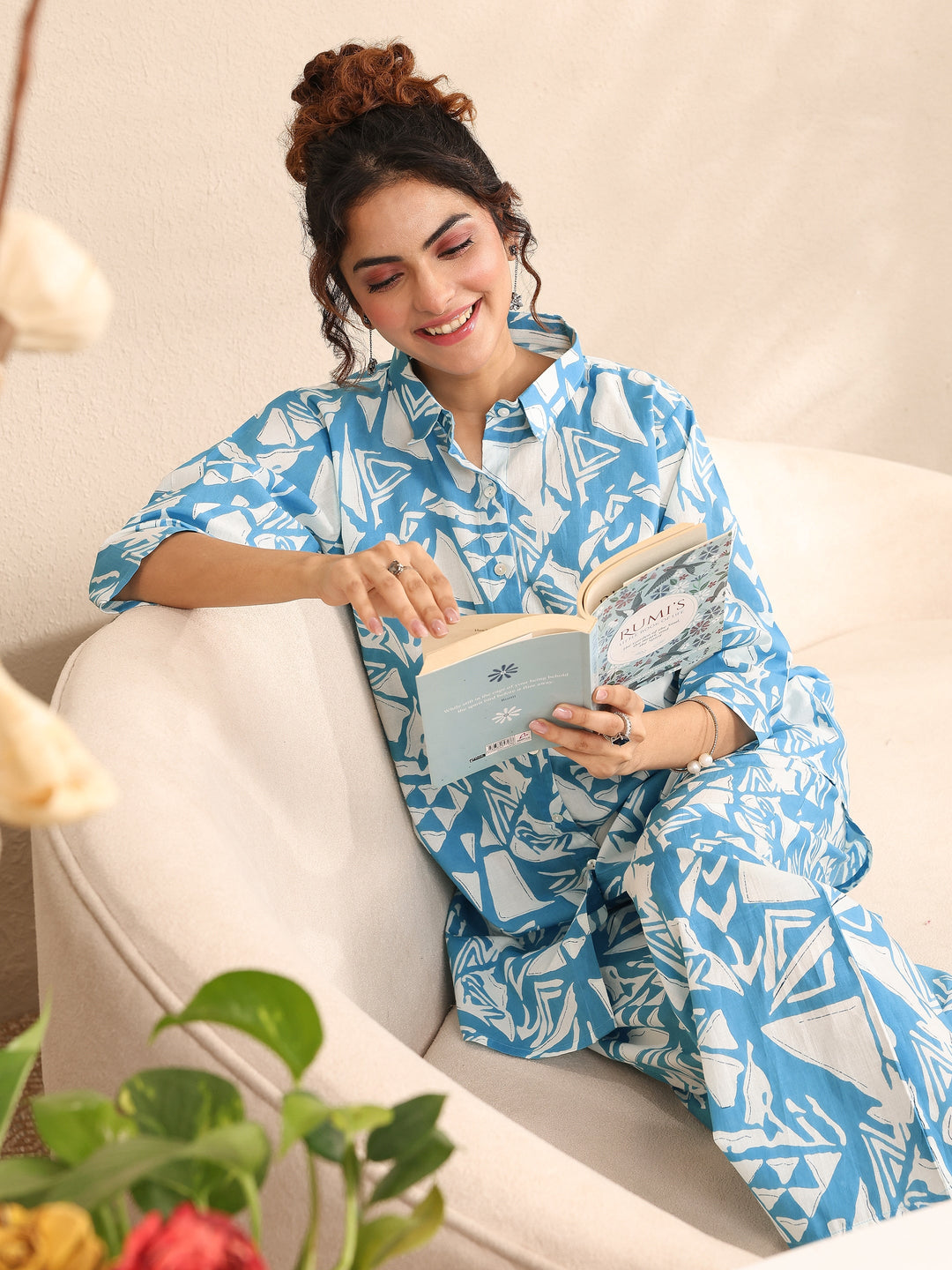Blue Printed Cotton Night Suit