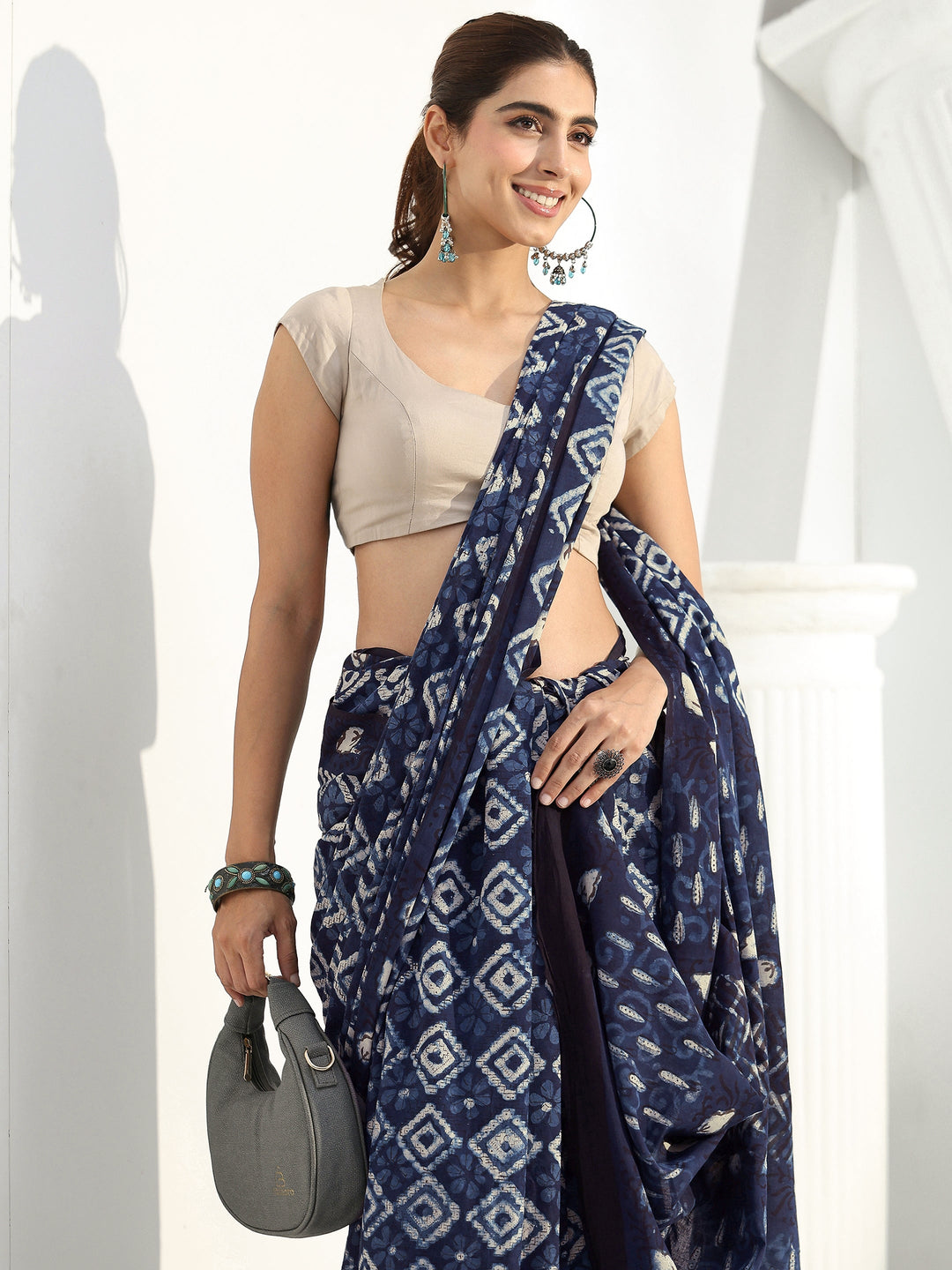 Indigo Geometric Dabu Print Cotton Saree