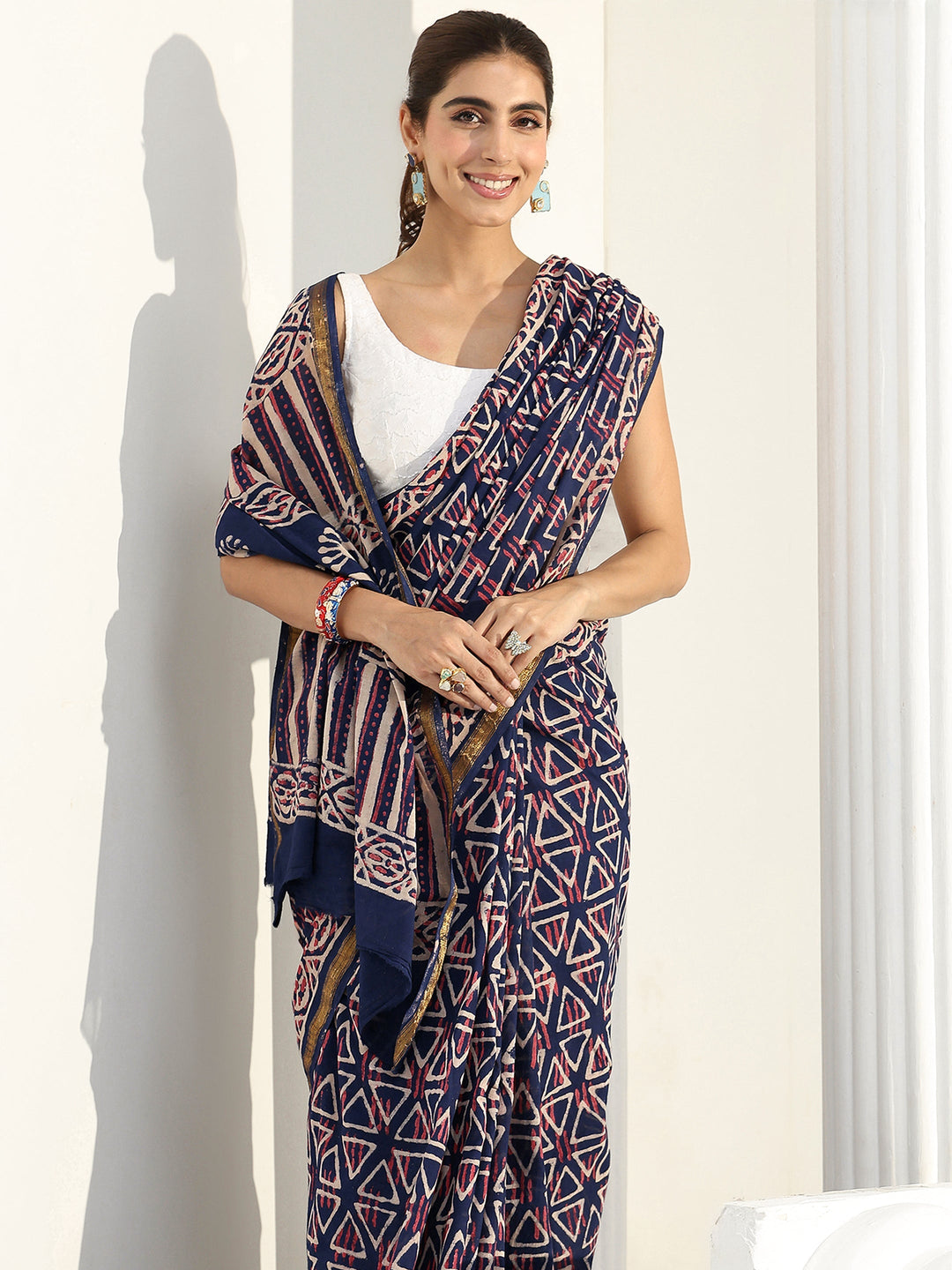 Blue Geometric Dabu Print Cotton Saree