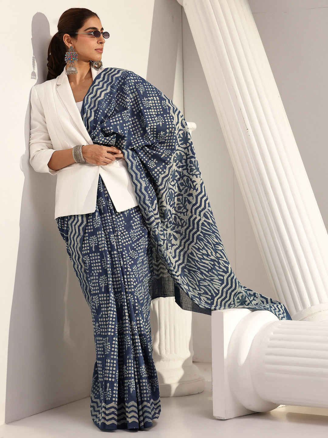 Indigo Geometric Dabu Print Cotton Saree