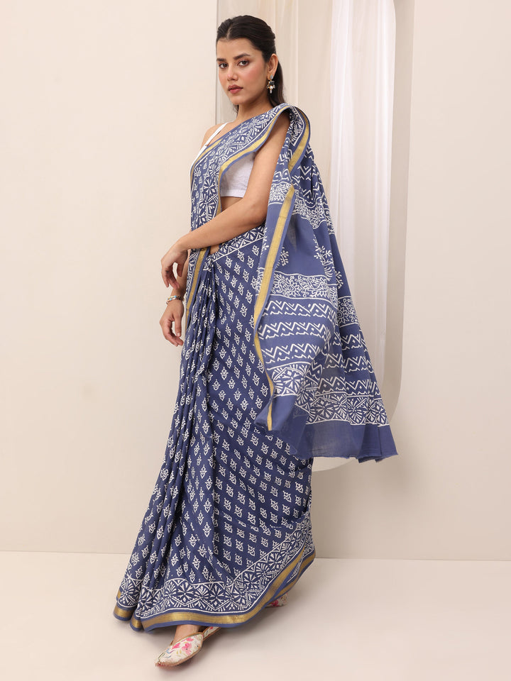 Blue Printed Cotton Saree With Unstitched Blouse