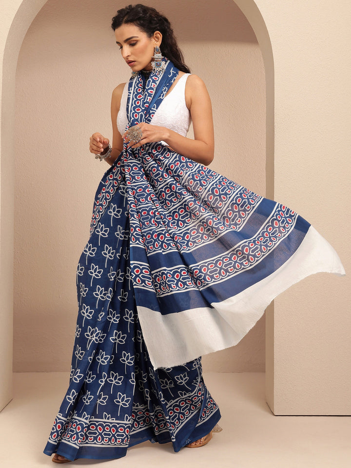 Blue Printed Cotton Saree With Unstitched Blouse Piece