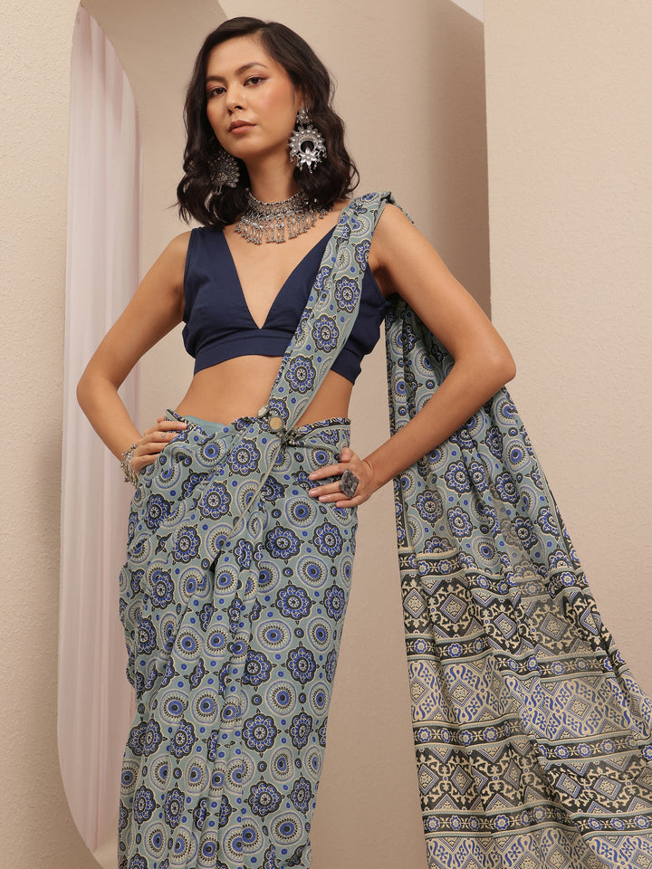 Blue Printed Cotton Saree With Unstitched Blouse Piece