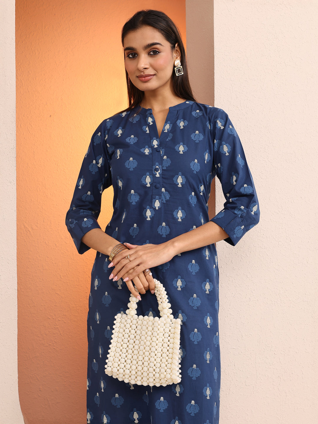 Blue Printed Cotton Straight Kurta