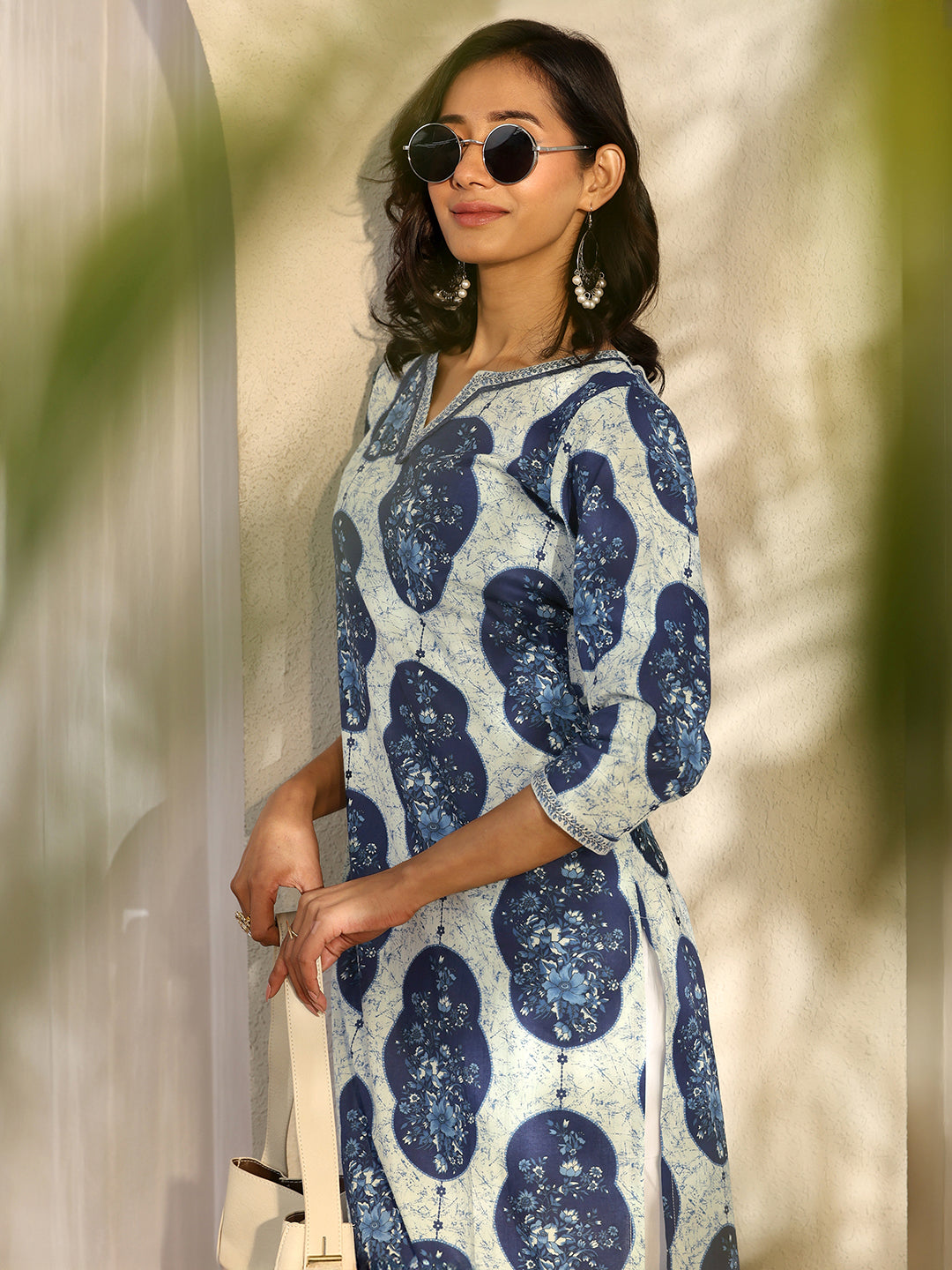 Blue Printed Cotton Straight Kurta