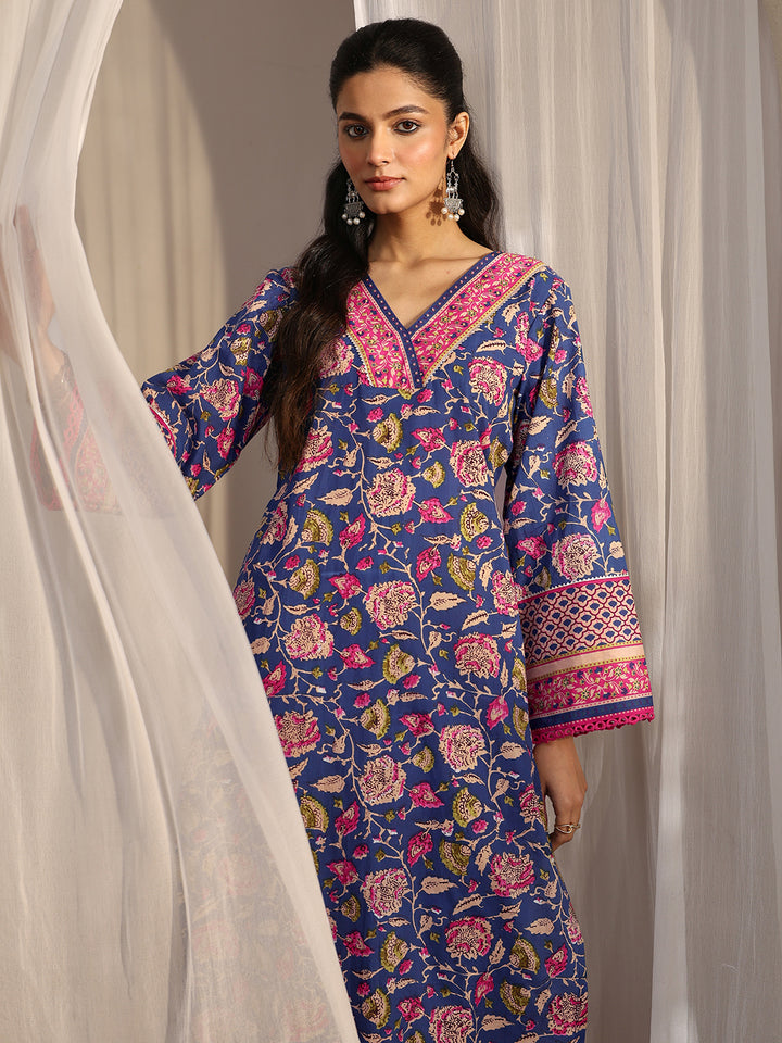 Phoebe Blue Printed Cotton Straight Kurta