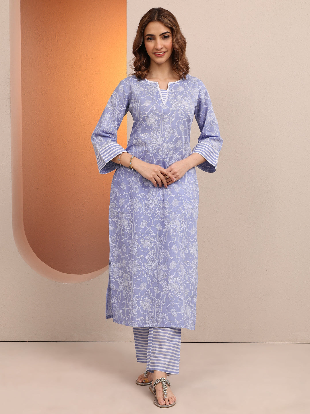 Blue Printed Cotton Straight Kurta Set