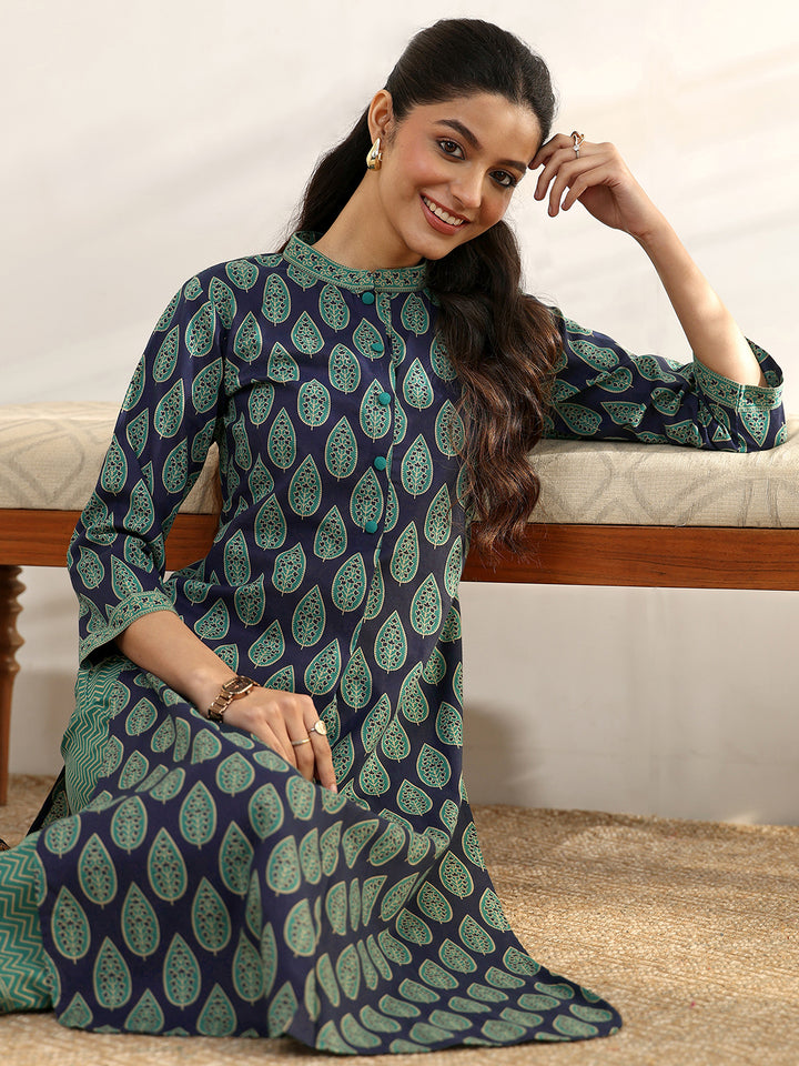 Blue Printed Cotton Straight Kurta Set