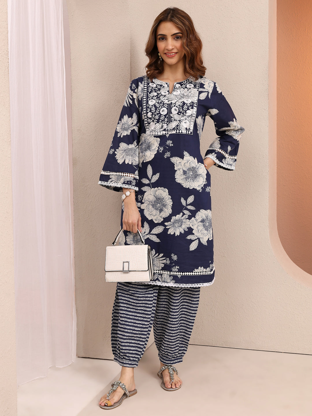 Blue Printed Cotton Straight Kurta Set