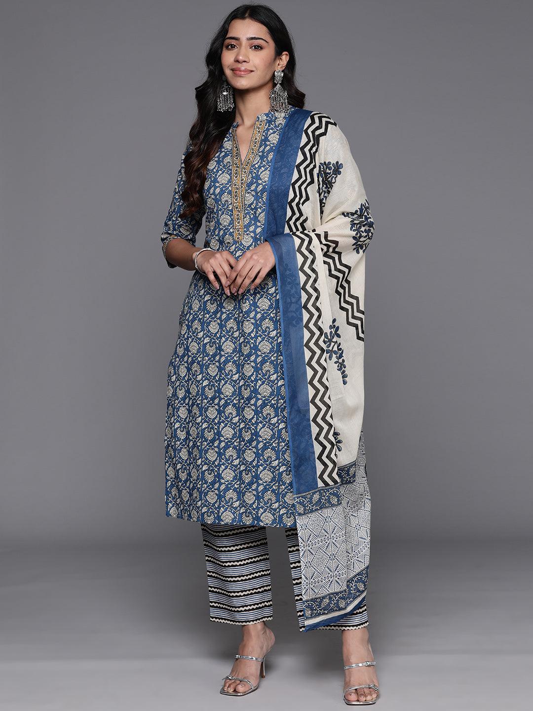 Blue Printed Cotton Straight Kurta With Trousers & Dupatta - ShopLibas