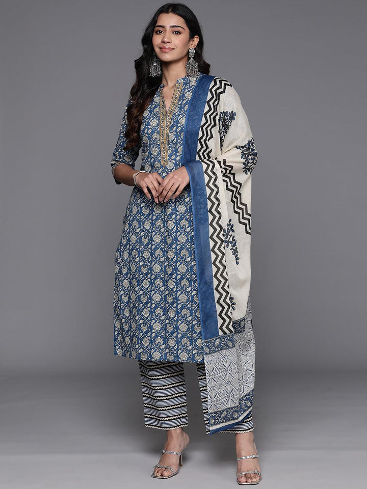 Blue Printed Cotton Straight Kurta With Trousers & Dupatta - ShopLibas