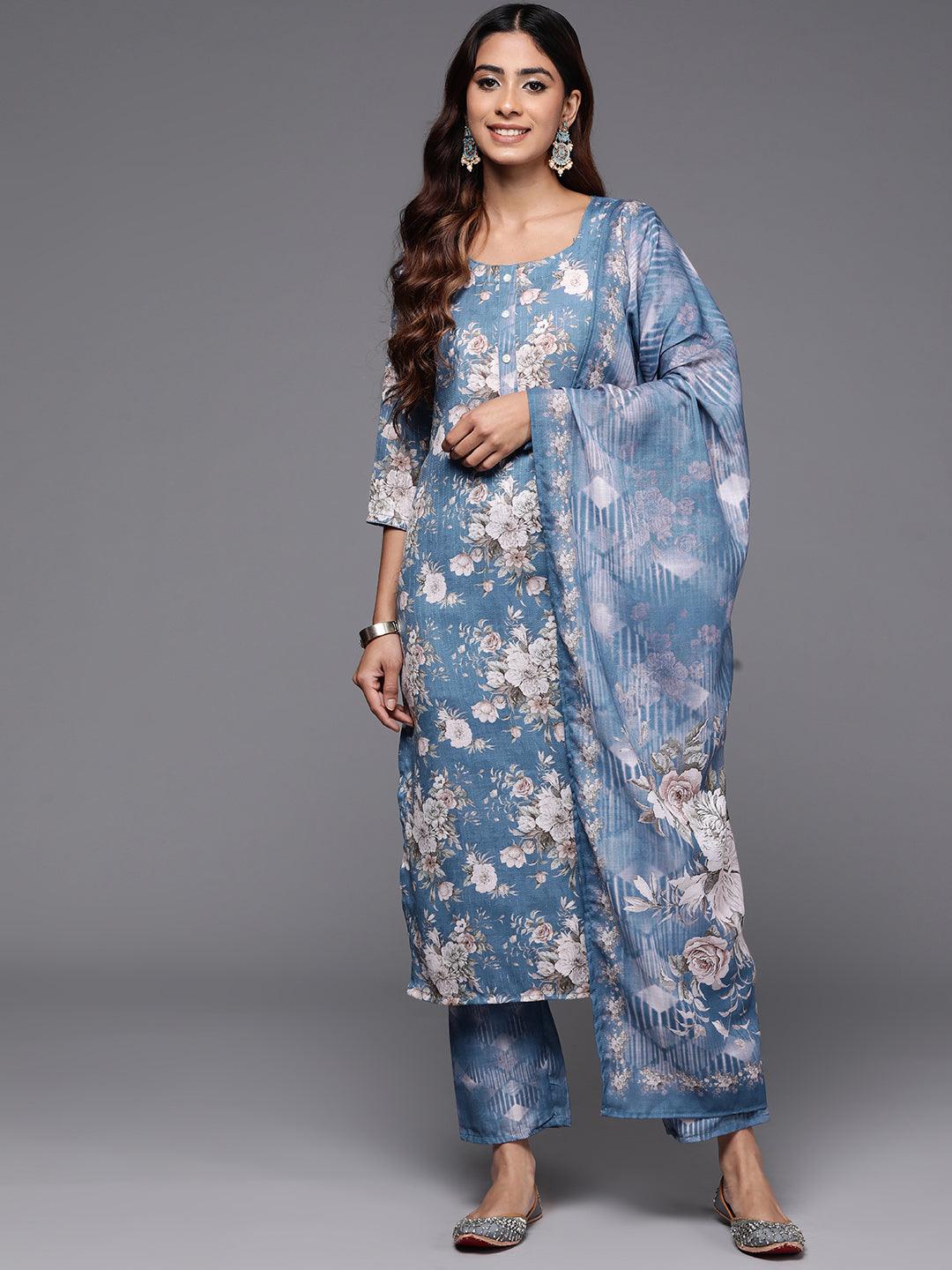 Blue Printed Cotton Straight Kurta With Trousers & Dupatta - ShopLibas