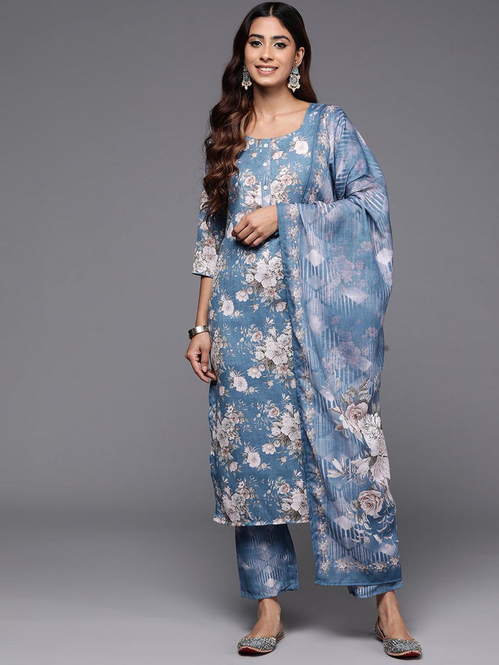Blue Printed Cotton Straight Kurta With Trousers & Dupatta - ShopLibas