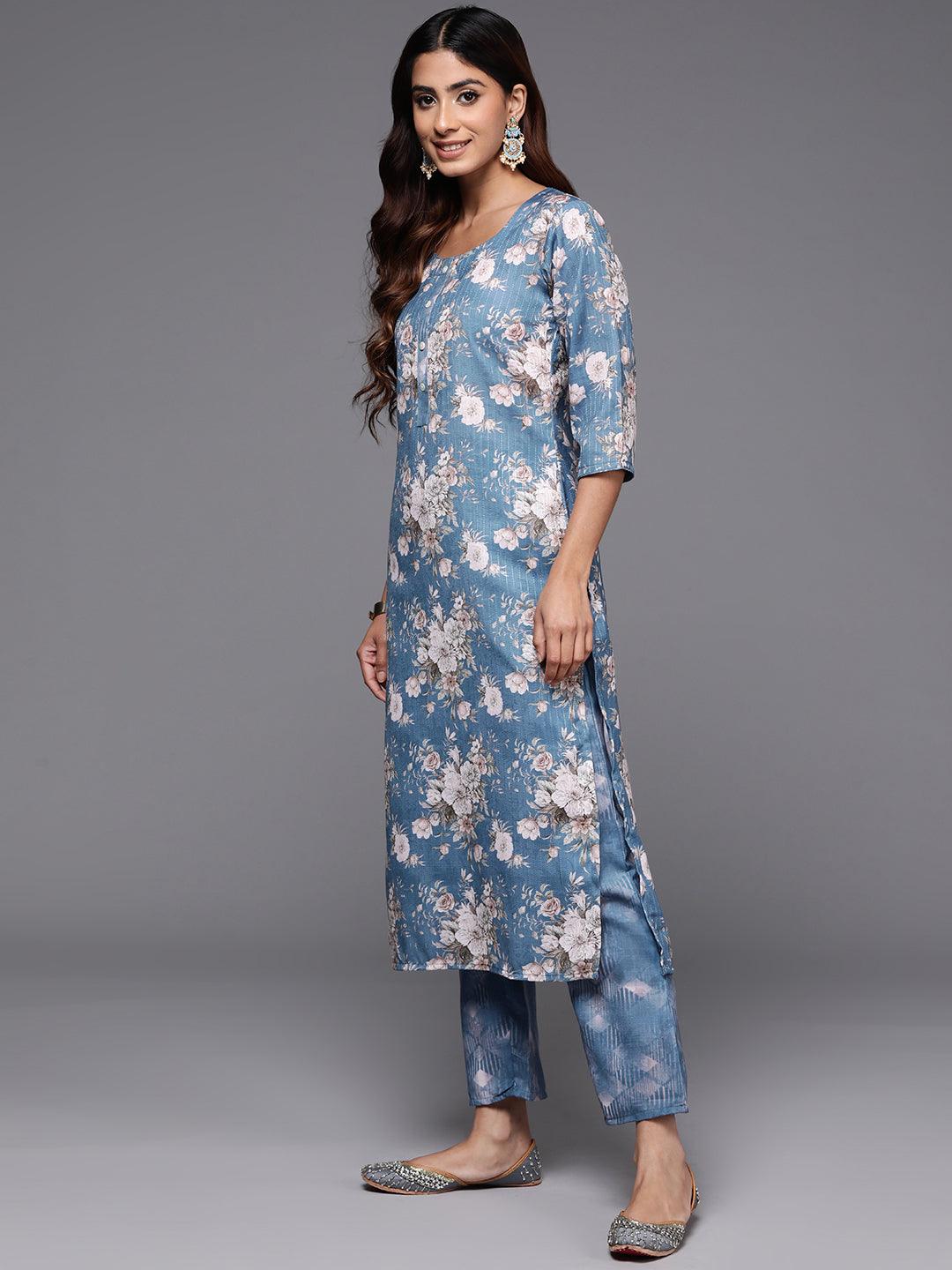 Blue Printed Cotton Straight Kurta With Trousers & Dupatta - ShopLibas