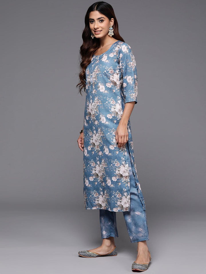 Blue Printed Cotton Straight Kurta With Trousers & Dupatta - ShopLibas