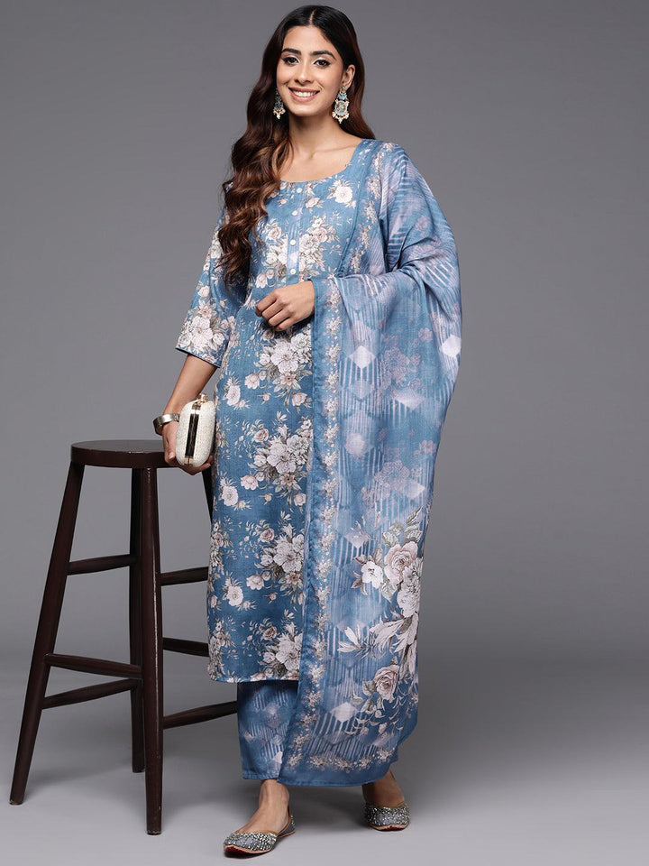 Blue Printed Cotton Straight Kurta With Trousers & Dupatta - ShopLibas