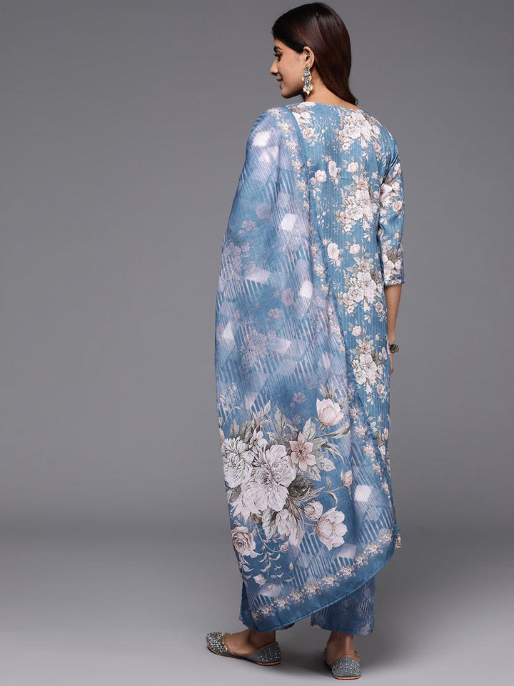Blue Printed Cotton Straight Kurta With Trousers & Dupatta - ShopLibas