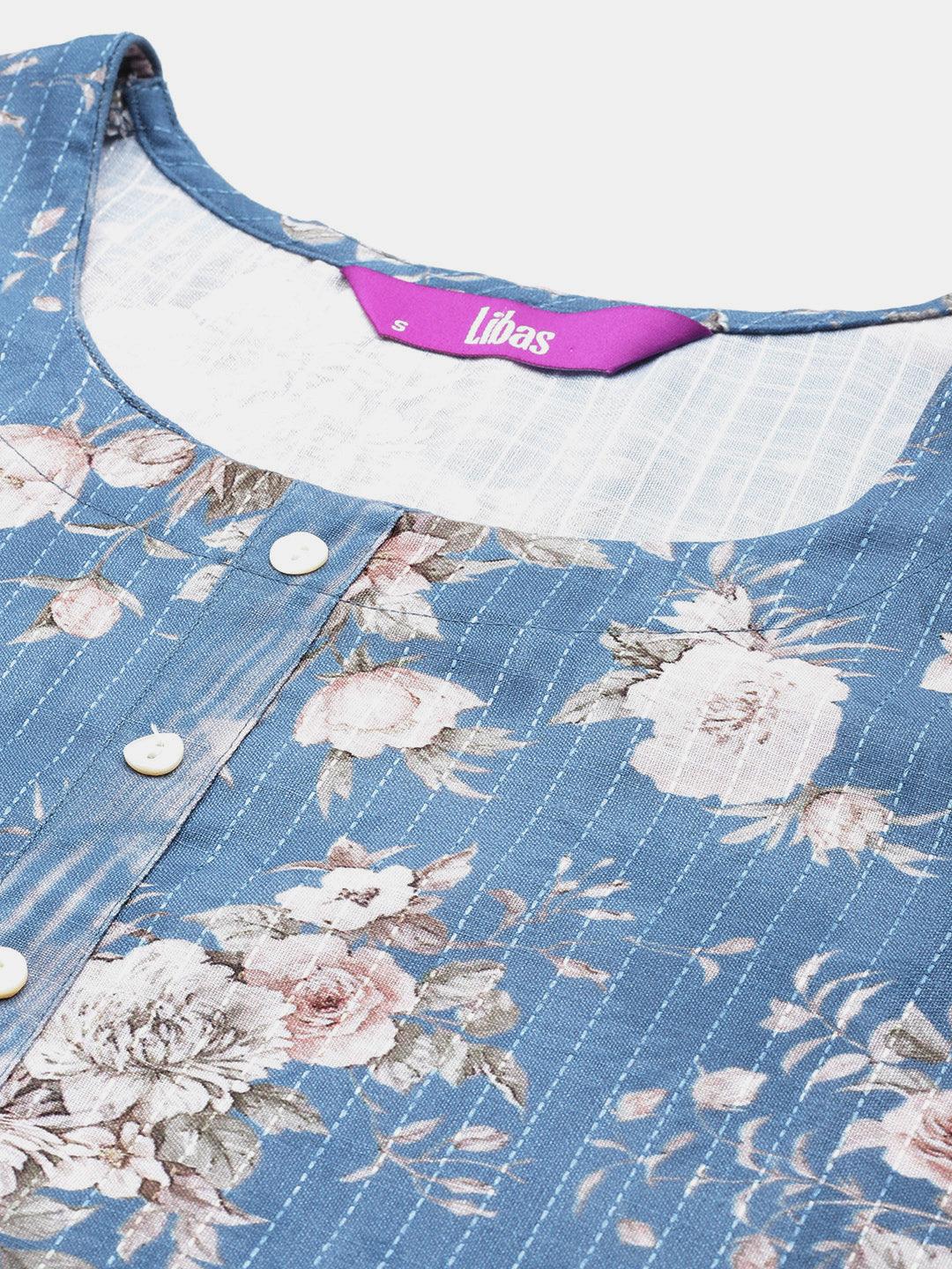 Blue Printed Cotton Straight Kurta With Trousers & Dupatta - ShopLibas