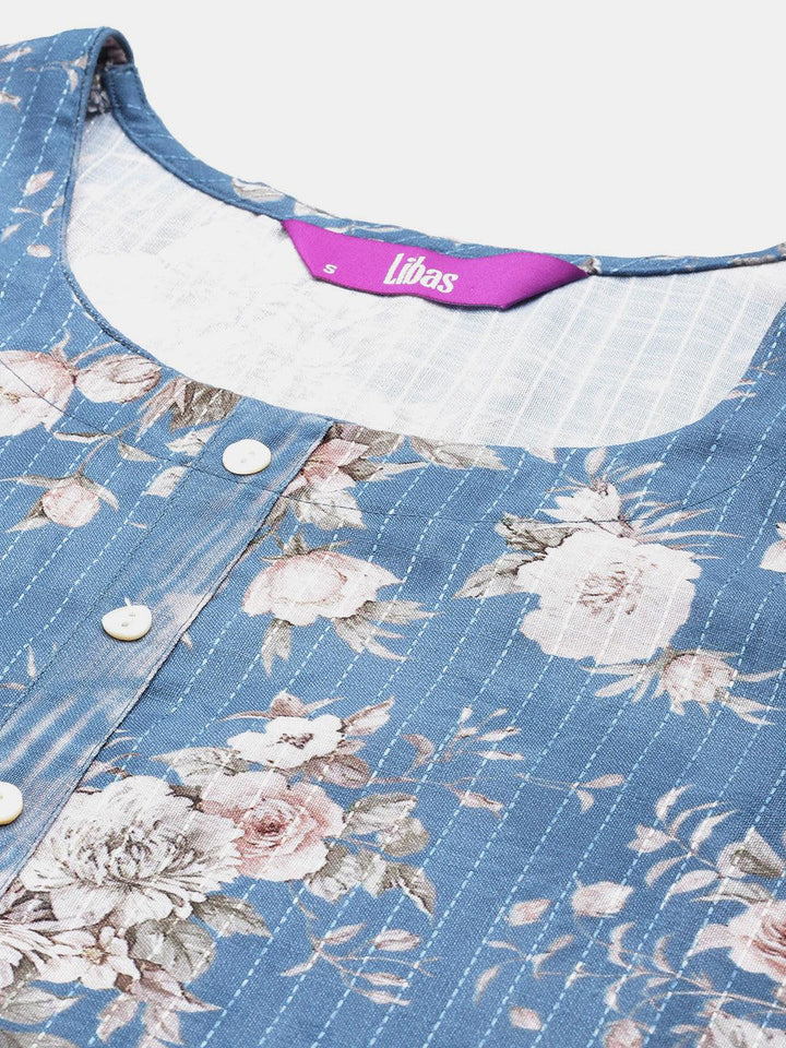 Blue Printed Cotton Straight Kurta With Trousers & Dupatta - ShopLibas