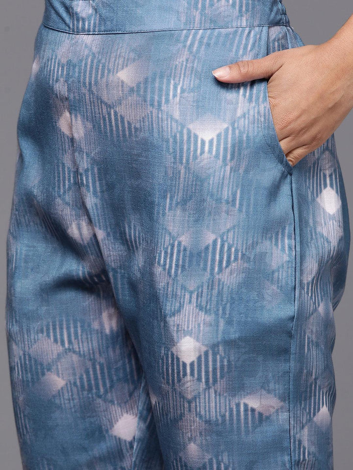 Blue Printed Cotton Straight Kurta With Trousers & Dupatta - ShopLibas