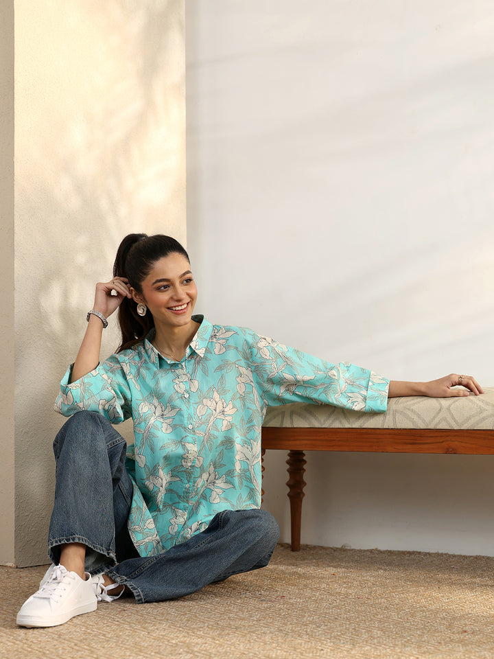Blue Printed Cotton Straight Shirt