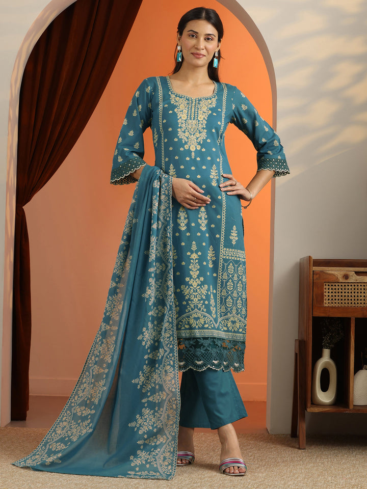 Blue Printed Cotton Straight Suit Set With Dupatta