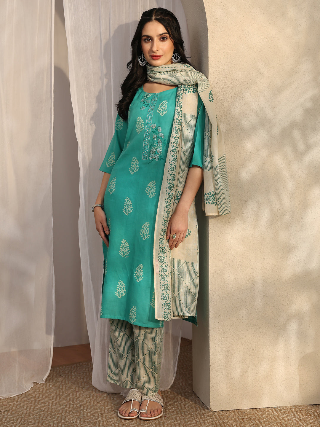 Blue Printed Cotton Straight Suit Set With Dupatta