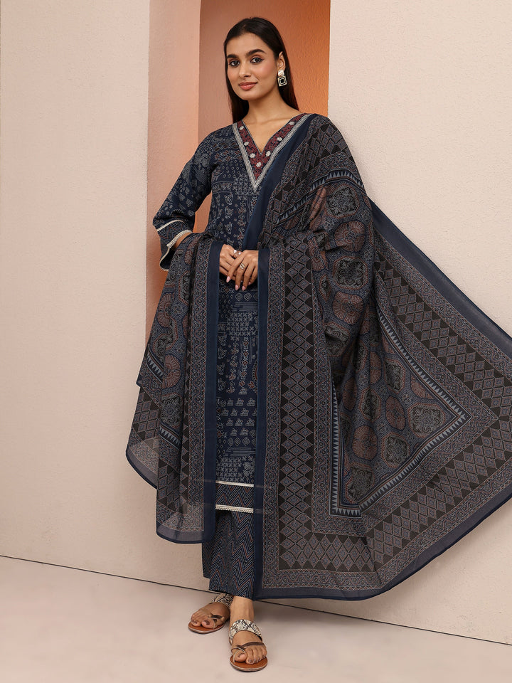 Blue Printed Cotton Straight Suit Set With Dupatta