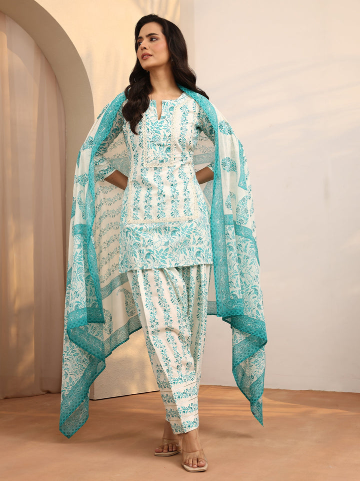 Blue Printed Cotton Straight Suit Set With Dupatta