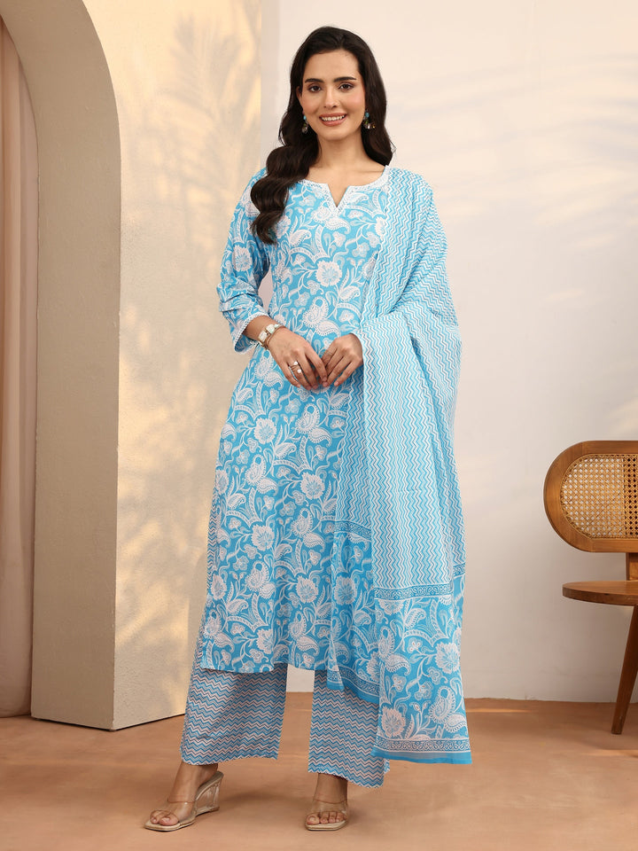 Blue Printed Cotton Straight Suit Set With Dupatta