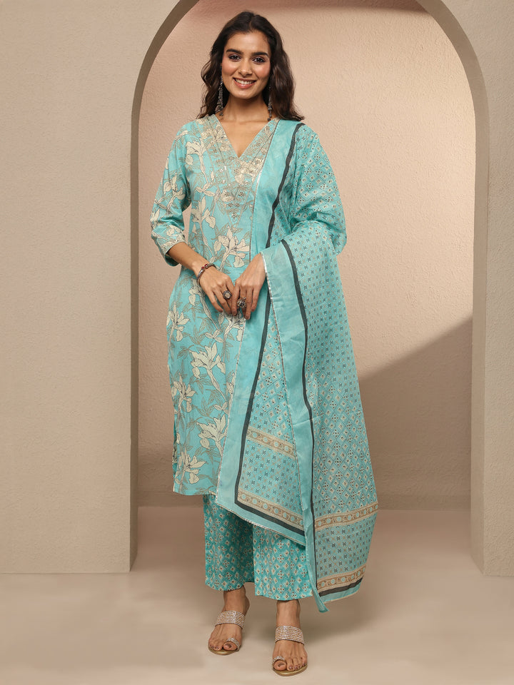 Blue Printed Cotton Straight Suit Set With Dupatta