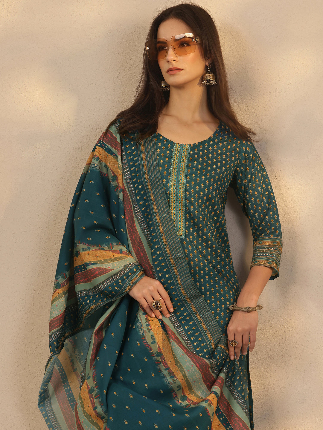 Blue Printed Cotton Straight Suit Set With Dupatta