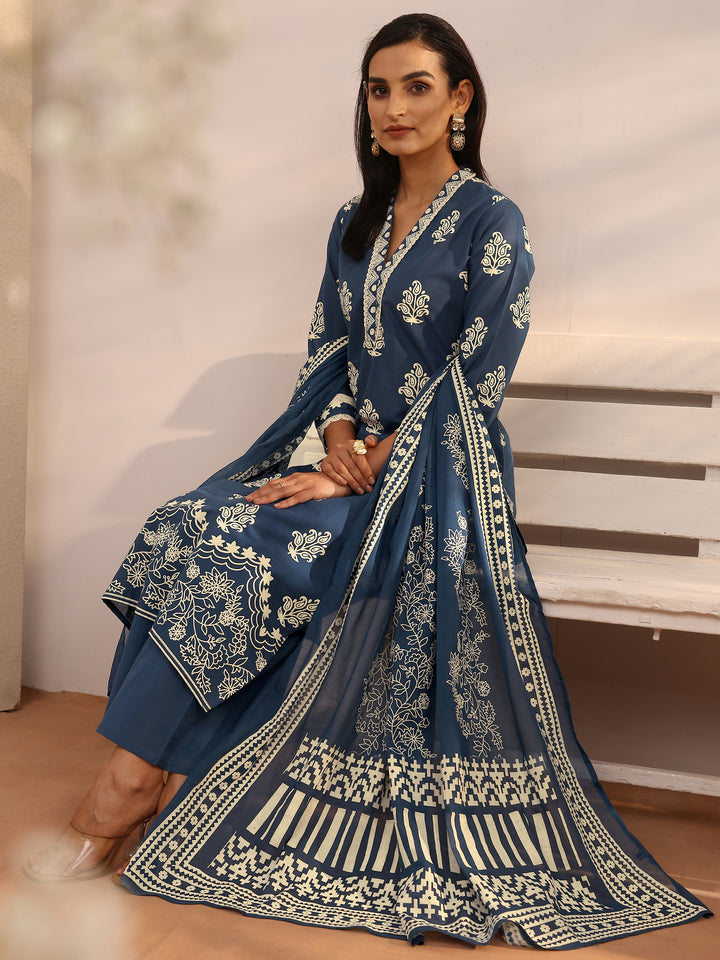 Blue Printed Cotton Straight Suit Set With Dupatta