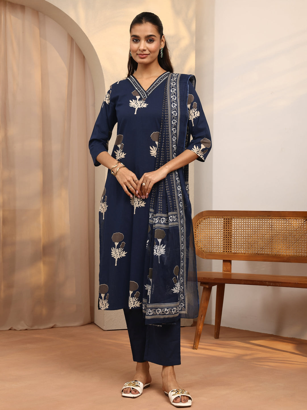 Blue Printed Cotton Straight Suit Set With Dupatta