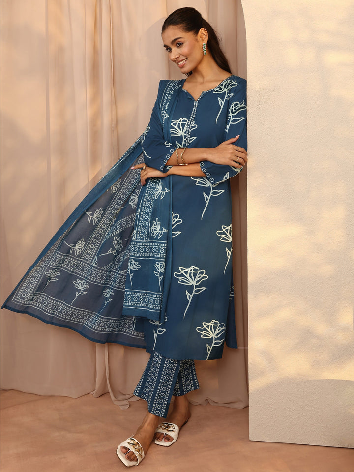 Blue Printed Cotton Straight Suit Set With Dupatta