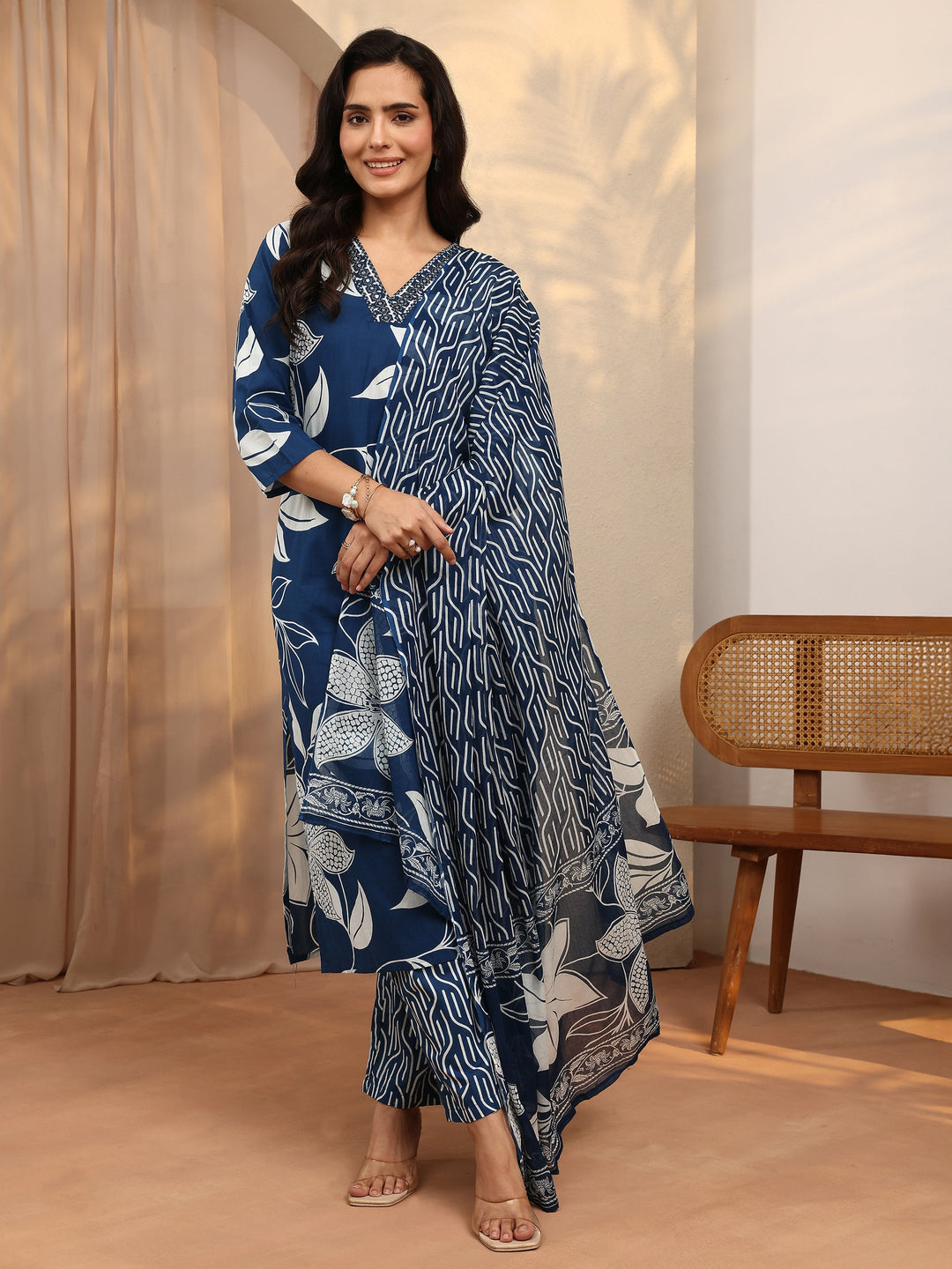 Blue Printed Cotton Straight Suit Set With Dupatta