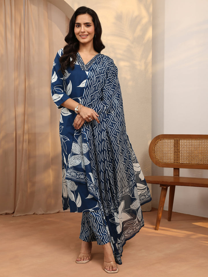 Blue Printed Cotton Straight Suit Set With Dupatta