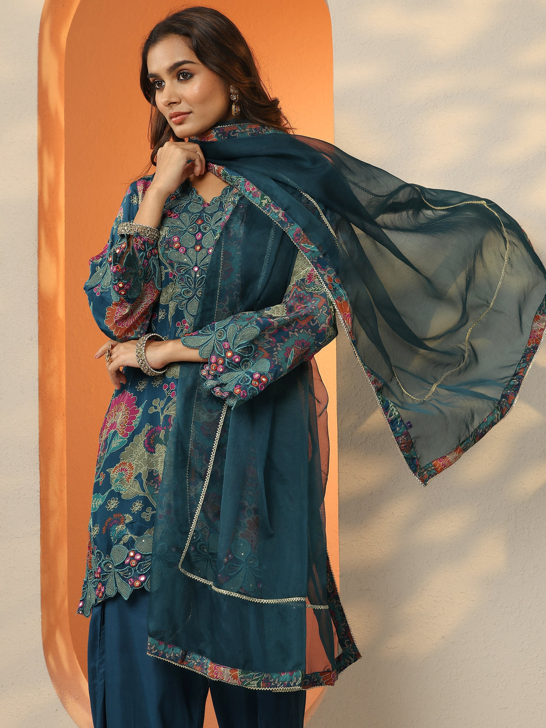 Libas Blue Printed Crepe Straight Suit Set With Dupatta