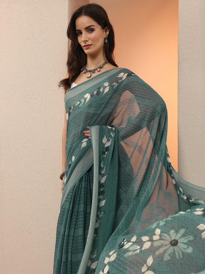 Blue Printed Georgette Saree With Unstitched Blouse Piece