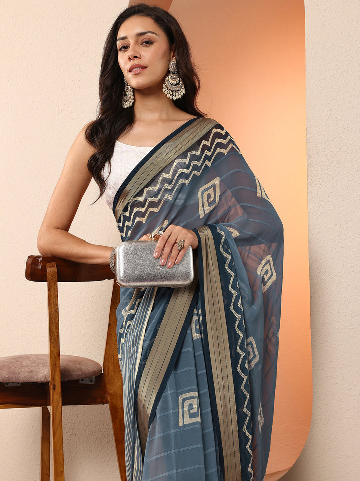 Blue Printed Georgette Saree With Unstitched Blouse Piece