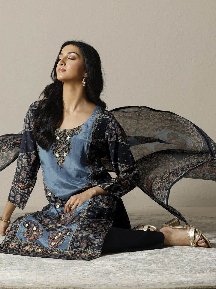 Blue Printed Muslin Straight Suit Set With Dupatta