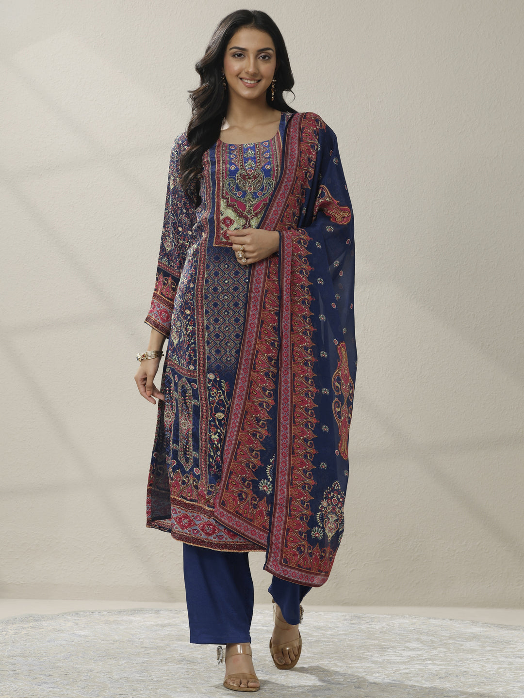 Blue Printed Muslin Straight Suit Set With Dupatta