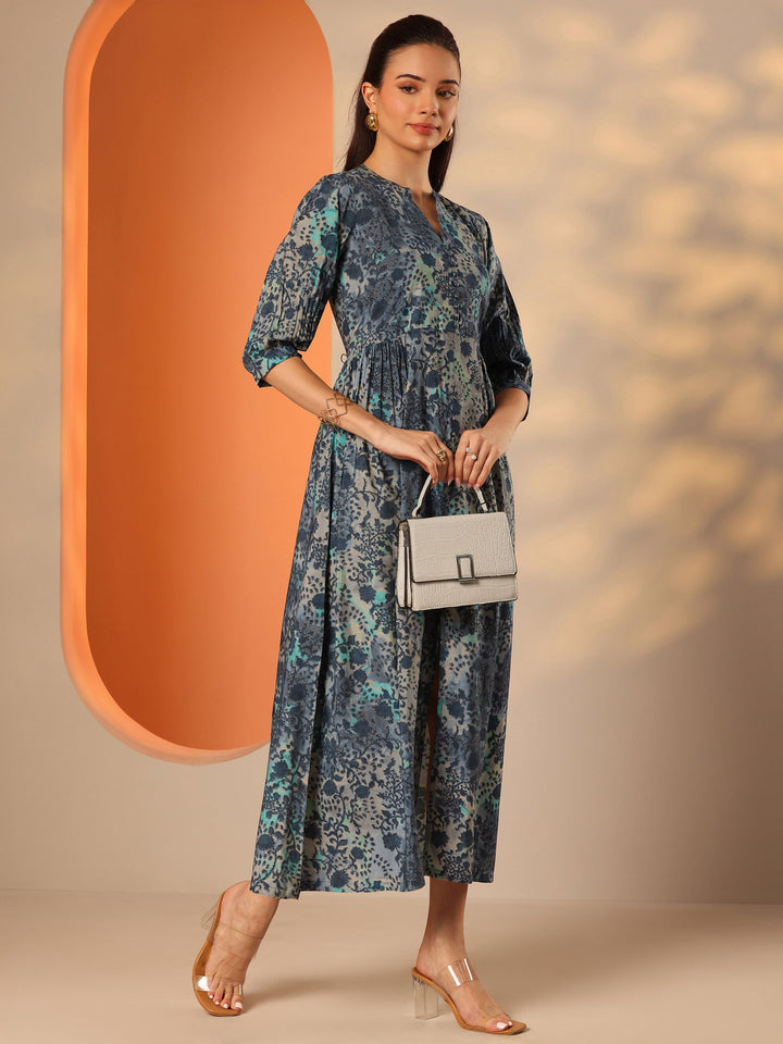 Blue Printed Silk Blend Fit And Flare One Piece Dress