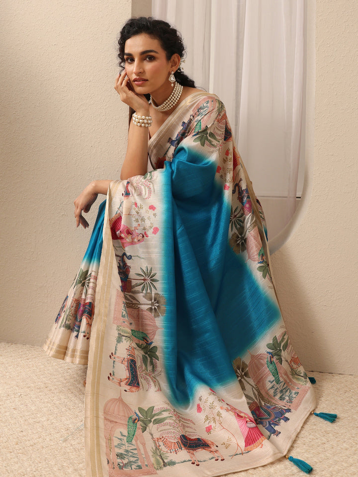 Blue Printed Silk Blend Saree With Unstitched Blouse Piece