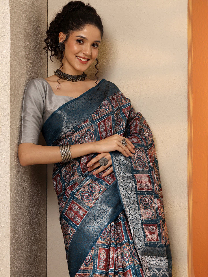 Blue Printed Silk Blend Saree With Unstitched Blouse Piece