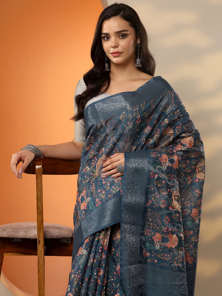 Blue Printed Silk Blend Saree With Unstitched Blouse Piece
